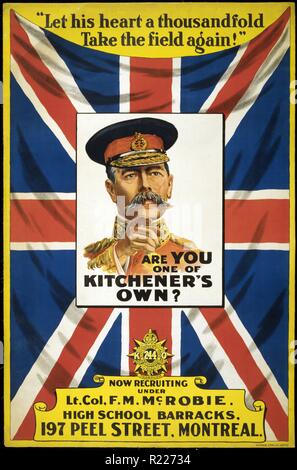 1914 kanadischen Weltkrieg Rekrutierung Plakat "sind Sie einer von Kitcheners eigenen?" Zeigt ein Bild von Lord Kitchener, 1850-1916 Stockfoto