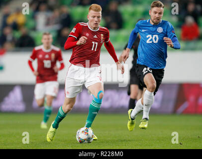 Budapest, Ungarn. 15. November 2018. (L - r) Zsolt Kalmar Ungarn Blätter Artjom Dmitrijev Estlands hinter während der UEFA Nationen League Match zwischen Ungarn und Estland an Groupama Arena am 15. November 2018 in Budapest, Ungarn. Credit: Laszlo Szirtesi/Alamy leben Nachrichten Stockfoto