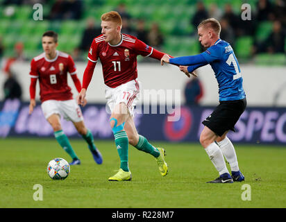 Budapest, Ungarn. 15. November 2018. (R-l) Ilja Antonow Estlands versucht, zurück Zsolt Kalmar Ungarn während der UEFA Nationen League Match zwischen Ungarn und Estland an Groupama Arena am 15. November in Budapest, Ungarn 2018 zu ziehen. Credit: Laszlo Szirtesi/Alamy leben Nachrichten Stockfoto