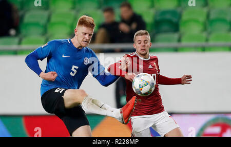 Budapest, Ungarn. 15. November 2018. (L - r) Madis Vihmann Estlands kämpft für den ball mit Istvan Kovacs von Ungarn während der UEFA Nationen League Match zwischen Ungarn und Estland an Groupama Arena am 15. November 2018 in Budapest, Ungarn. Credit: Laszlo Szirtesi/Alamy leben Nachrichten Stockfoto