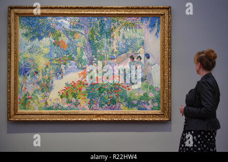 Potsdam, Deutschland. 16 Nov, 2018. Das Ölgemälde "Nachmittag im Garten, 1904" von dem Maler Henri-Edmond Cross ist auf Anzeige an der Barberini Museum in der neuen Ausstellung "Farbe und Licht. Die Neo-Impressionist Henri-Edmond Cross'. Die neue Ausstellung wird vom 17.11.2018 bis 17.02.2019. Foto: Patrick Pleul/dpa-Zentralbild/dpa/Alamy leben Nachrichten Stockfoto