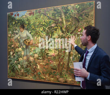 Potsdam, Deutschland. 16 Nov, 2018. Daniel Zamani, Kurator der Barberini Museum, ist in der neuen Ausstellung "Farbe und Licht. Die Neo-Impressionist Henri-Edmond Cross' vor Öl Gemälde mit dem Titel 'Monaco, von 1884". Die neue Ausstellung wird vom 17.11.2018 bis 17.02.2019. Foto: Patrick Pleul/dpa-Zentralbild/dpa/Alamy leben Nachrichten Stockfoto