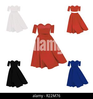 Schulterfrei Kleid in Rot, Weiß, Blau und Schwarz. Frauen Bekleidung Vector Illustration. Stock Vektor