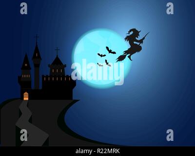 Cartoon Halloween illustration, Hexe auf einem Besen mit Fledermäusen und Mond, unheimlichen schloss Cute Halloween Party erfinden Poster Dekoration blauen Himmel. Stock Vektor