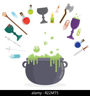 Mittelalterliche Rpg Spiel flache Elemente gesetzt, Rollenspiel buch Dekoration lustig helloween Dekoration, fantasy Zeug copncept Cartoon Stil. Stock Vektor