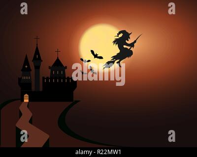 Cartoon Halloween illustration, Hexe auf einem Besen mit Fledermäusen und Mond, unheimlichen schloss Cute Halloween Party erfinden Poster Dekoration blauen Himmel. Stock Vektor