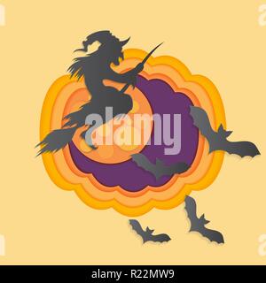 Helloween Papier schneiden Vector Illustration mit haunted und unheimlichen schloss Vollmond helloween Karte, Cartoon style innerhalb von Kürbis Stock Vektor