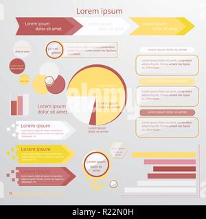 Satz von infografik Elemente in Gelb, Weiß und Erdbeere Farben mit cartoon Glas kreisen. Kreis, Tortendiagramm, Welt Pfeil timeline, text Bubble, Stock Vektor