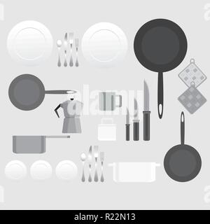 Kreative schwarz und weiß Küchenausstattung Illustration für Web und Print minimalistick Flachbild vektor Cartoon Stock Vektor