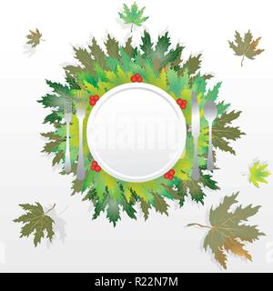 Blätter im Herbst mit Platte Gabel, Löffel und Messer, die feiertagstabelle, romantische Motiv Abbildung mit fallenden Blätter, Thanksgiving Tabelle. Stock Vektor