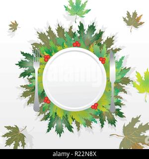 Blätter im Herbst runde Etikett, mit fallender Blätter Kreis Rahmen für Print und Web verkauf Banner und Poster leeren Vektor Illustration mit Platte Gabel und kni Stock Vektor