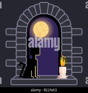 Schloss Fenster mit schwarze Katze und Kerze, Nacht, Landschaft, Full moon Horror helloween Hintergrund. Retro altmodische Spiele Design für Web und Print Stock Vektor