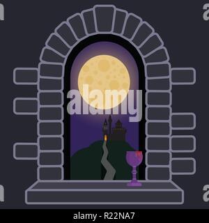 Schloss Fenster mit Nacht Landschaft und Vollmond horror halloween Hintergrund. Retro altmodische Spiele Design für Web und Print. Cute cartoon Illus Stock Vektor