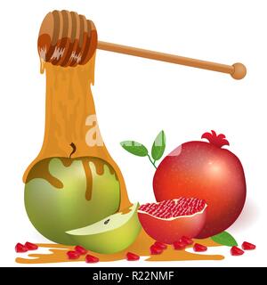 Vector Illustration Grußkarte, Hintergrund mit Apple Honig und Granatapfel. Shana Tova. Jüdische Frohes neues Jahr Abbildung. Stock Vektor