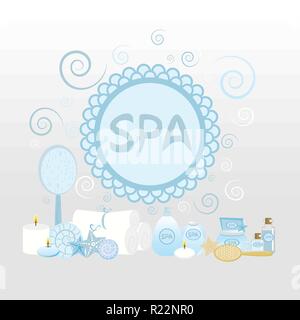 Cute cartoon Vektor Konzept für Wellness/Massagen/Beauty Salon. Hintergrund, Logo, blau grau Vorlage. Stock Vektor