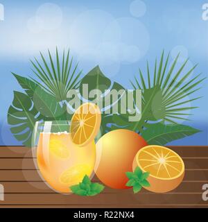Sommer Strand Tee oder Saft auf Holz Tisch mit Palmen Blätter und das Meer. Stock Vektor