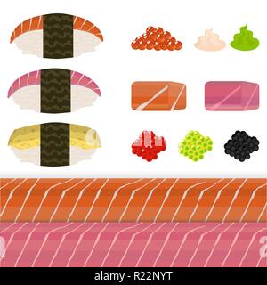 Diy-Set nigiri Sushi, tobiko, roter Kaviar Wasabi und Thunfisch und Lachs Sashimi Stock Vektor