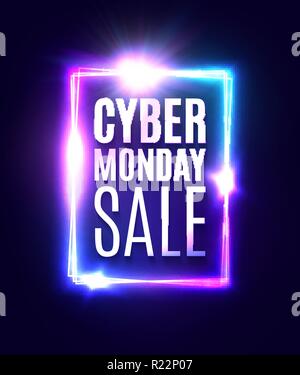 Cyber Monday verkauf Text in Neon laser Rechteck Hintergrund. Leuchtende quadrat Zeichen auf dunkelblauem Hintergrund mit Explosion Feuerwerk. Banner oder Flyer Design vorlage. Licht Vector Illustration. Stock Vektor