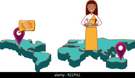 Frau in Indien Karte mit Smartphone und Symbole Vector Illustration Design Stock Vektor