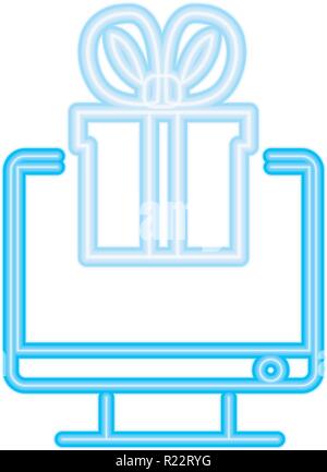 Online shopping computer Geschenk neon Vector Illustration Stock Vektor