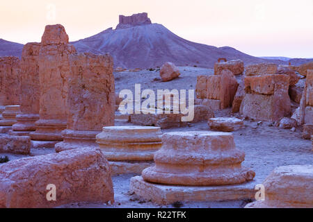 Palmyra Homs Governatorat, Syrien - 27. Mai 2009: Ruinen von Palmyra bei Sonnenuntergang mit dem 13. Jahrhundert Qalaat Shirkuh Zitadelle auch als Fakhr-al-Din Stockfoto