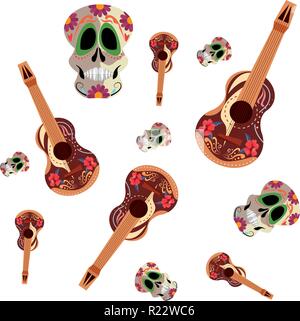 Dekorative Totenkopf Gitarren Blumen Tag der Toten Muster Vektor Abbildung Stock Vektor