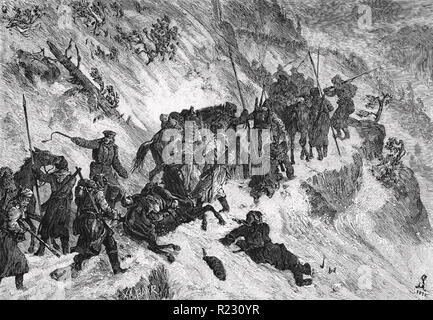 RUSSO-türkischen Krieg 1877-78. Die russischen Streitkräfte auf einem Pass im Winter Stockfoto