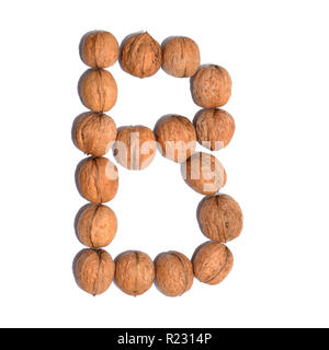 Buchstabe B mit Muttern einen Buchstaben des Alphabets zu bilden. Obst Buchstaben auf weißem Hintergrund. Stockfoto