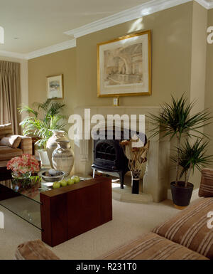 Glas + Holz Tisch vor Wohnzimmer Kamin Stockfoto