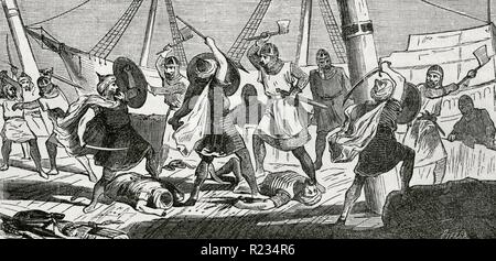 El Almirante Garrocho (Huelva, Siglo. XVI) Vence ein Los corsarios Africanos (berberiscos y turcos), Quienes realizaban incursiones frecuentes en el litoral de la tatsächliche Provincia de Hueva. Dibujo por Fernando Miranda. Grabado por Sierra. Crónica de España, Historia y Ilustrada Descriptiva de Sus Provincias. Andalusien, 1867. Biblioteca Histórico Militar de Barcelona, Cataluña, Spanien. Stockfoto