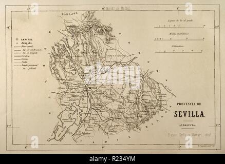 Mapa de la Provincia de Sevilla. Crónica de España, Historia y Ilustrada Descriptiva de Sus Provincias. Andalusien, 1867. Biblioteca Histórico Militar de Barcelona, Cataluña, Spanien. Stockfoto