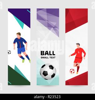 Stellen abstrakte Banner auf einem hellen Hintergrund. Fußball-Spieler im Sport Form mit dem Ball. Template Design für vertikale Banner. Stock Vektor