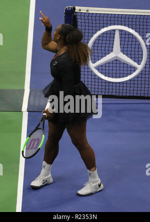 23 Grand-Slam-champion Serena Williams mit Stuhl-schiedsrichter Carlos Ramos während Ihrer 2018 uns letzten offenen Spiel im National Tennis Center argumentiert Stockfoto