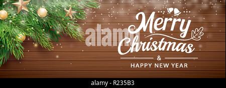 Weihnachten Tannenbaum mit Schnee auf Holz- Hintergrund. Weihnachten und glückliches neues Jahr für Banner, Abdeckung, Grußkarte. Stock Vektor