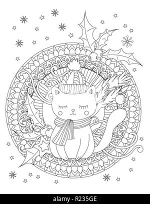 Weihnachten Färbung Seite. Nach Malbuch. Süße Katze mit Schal und Mütze gestrickt. Hand Vector Illustration gezeichnet. Stock Vektor