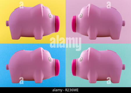Rosa Sparschwein auf verschiedenen farbigen Hintergründen Stockfoto