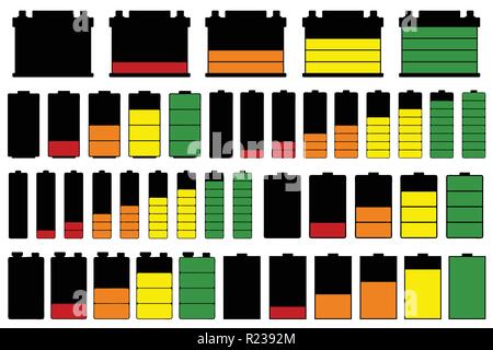 Satz von verschiedenen Batterien isoliert auf weißem Stock Vektor