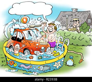 Cartoon Illustration einer Familie Mann, der seine kleine Auto in den familys Baden pool wäscht Stockfoto