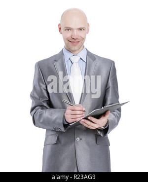 Lächelnd Geschäftsmann mit Dokumenten. auf weißem isoliert. Stockfoto