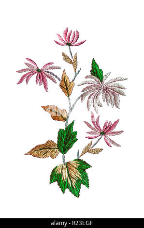 Zweige mit Herbst weiß und rosa Chrysanthemen und bunte Blätter und auf weißem Hintergrund Stockfoto