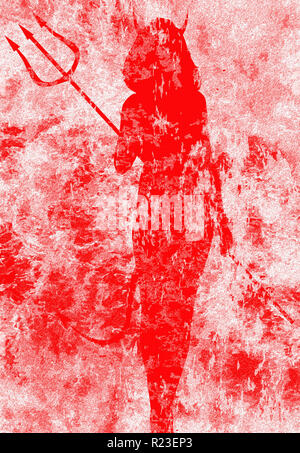 Ein Teufel Frau zu Fuß durch die Feuer der Hölle wie ein roter Hintergrund Stockfoto