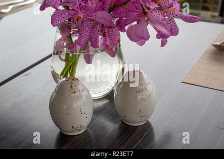 Salz- und Pfefferstreuer vor wunderschöne Orchideen Stockfoto