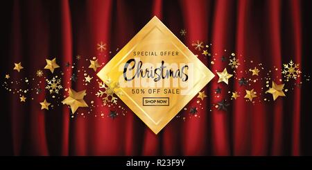 Elegante Weihnachten kalligrafischen Design für Verkauf poster Banner Werbung auf Gold Geschenkbox mit goldenen Schneeflocken und Glitter Sterne auf dunklen Rot gehalten Stock Vektor