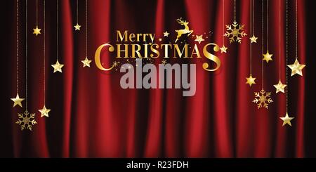 Weihnachten auf rotem Stoff Hintergrund Dekoration mit goldenen Sternen und Schneeflocken mit Kopie Platz für Banner poster Design. Vector Illustration. Stock Vektor