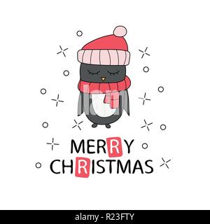 Hand Weihnachten gezeichnet Grußkarte mit Pinguin. Schriftzug text Frohe Weihnachten Stock Vektor