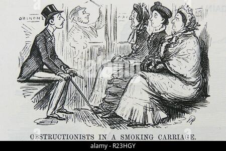 Rauchen ist nicht überall beliebt! Junger Mann in einer Bahn Rauchen Beförderung Angst seiner Zigarre ans Licht, wenn durch gewaltige Anti-Rauchen Frauen konfrontiert. Cartoon von ''Punch'', London, 1888. Stockfoto