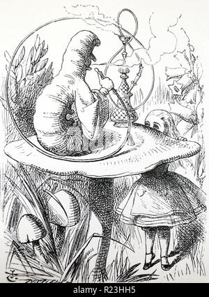 Alice, die in der Stichprobe die Flasche mit der Bezeichnung "mich 'DRink'' und in Folge geschrumpft ist, hat sich an der Spitze zu stehen - Zehe zum Caterpillar sitzen auf einem fliegenpilz zu sprechen, das Rauchen einer Wasserpfeife. Illustration von John Tenniel für ''Alice im Wunderland'', London, 1865. Stockfoto