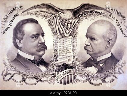 Für Präsident Grover Cleveland, Vizepräsident, Adlai E. Stevenson. Politische Plakat zeigt Büste Porträts der Kandidaten mit Campaign Slogans. 1892 Stockfoto