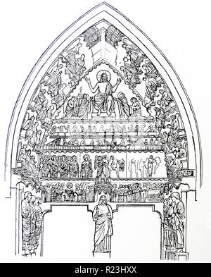 Zeichnung des letzten Urteils Tympanon in Reims. Christus, der Richter, ist die Spitze f die Zusammensetzung. Unter ihm die Toten steigen aus ihren Gräbern. Auf der nächsten Ebene der Selig sind auf Thronen sitzen und die Verdammten. Die unterste Ebene sind die gespeicherten Seelen in Abrahams Schoß, während die verurteilt werden von Teufel zu den Kessel der Hölle gezogen. Vom 14. Jahrhundert Stockfoto