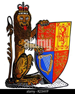 Der heraldische Löwe von England. Den ersten und vierten Quadranten repräsentieren England und drei Gold Lions passant auf einem roten Feld enthalten; die zweite Quadrant stellt Schottland enthält einen roten Löwen auf einem goldenen Feld; der dritte Quadrant stellt Irland und enthält die goldene Harfe von Irland auf einem blauen Feld. Gezeichnet von Edward Bawden CBE RA (1903-1989) war ein englischer Grafiker. Stockfoto